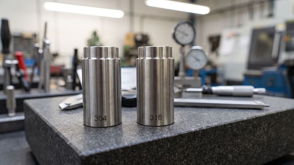 Two CNC machined stainless steel components marked 304 and 316 side by side on a granite inspection plate
