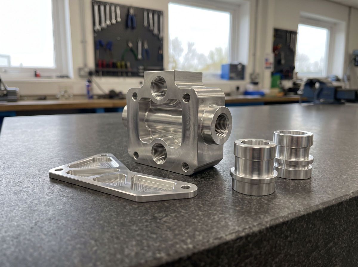 Aluminium machining examples including a milled manifold block, a pocketed bracket and two turned bushes on a granite inspection plate