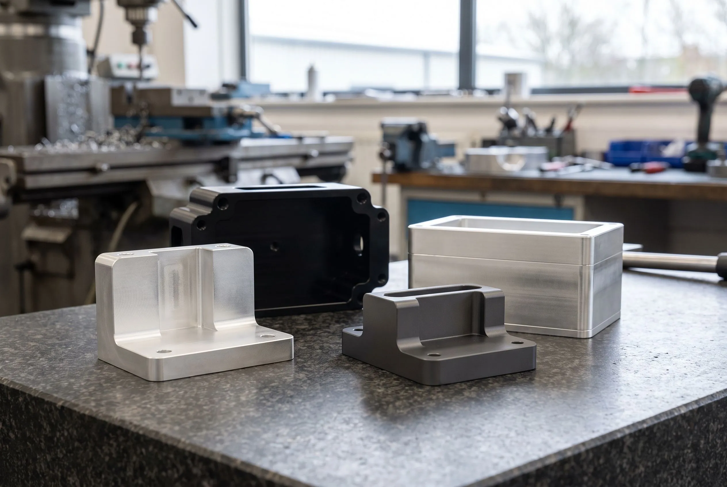 Anodised aluminium machined parts including a black anodised enclosure, a grey hard anodised bracket and clear anodised parts on a granite inspection plate