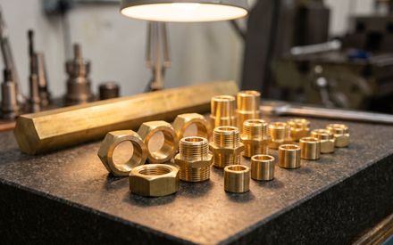 CNC turned brass fittings, nuts and bushes on a granite inspection plate with brass hexagon bar stock behind them