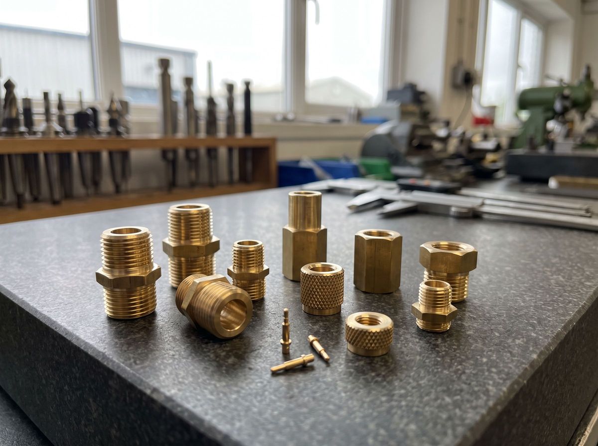 Brass turned parts including threaded fittings, hexagon connectors, knurled inserts and contact pins on a granite inspection plate