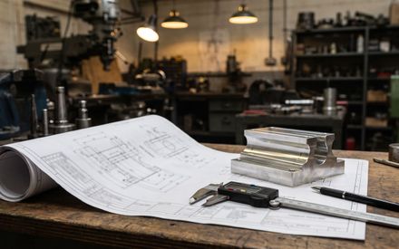 Engineering drawing on a workshop desk beside a machined aluminium component and digital calipers, ready for CNC machining quotation
