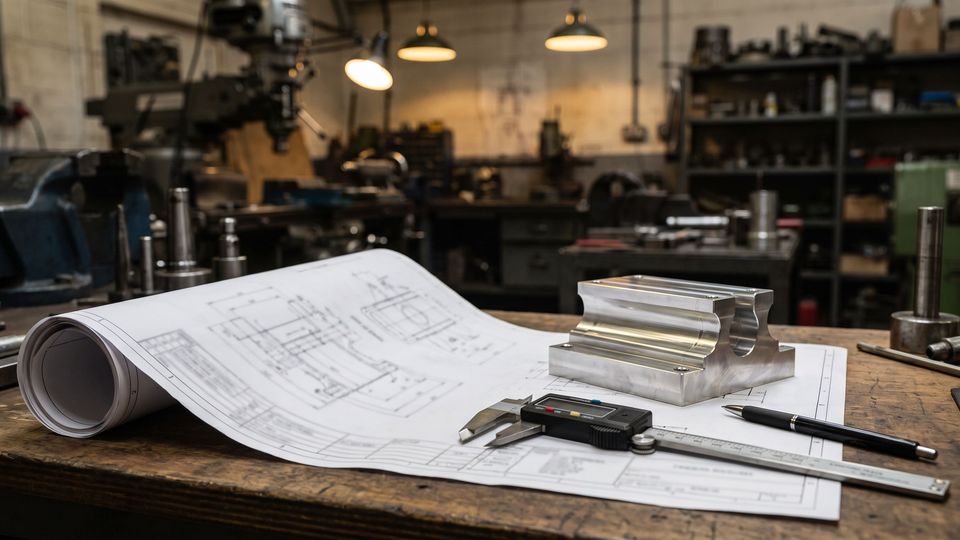 Engineering drawing on a workshop desk beside a machined aluminium component and digital calipers, ready for CNC machining quotation