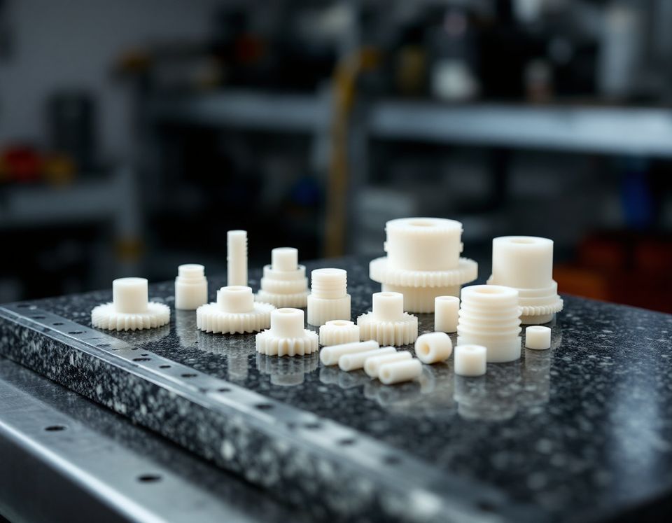 CNC machined Delrin acetal components including white polymer gears and bushes on a granite inspection plate