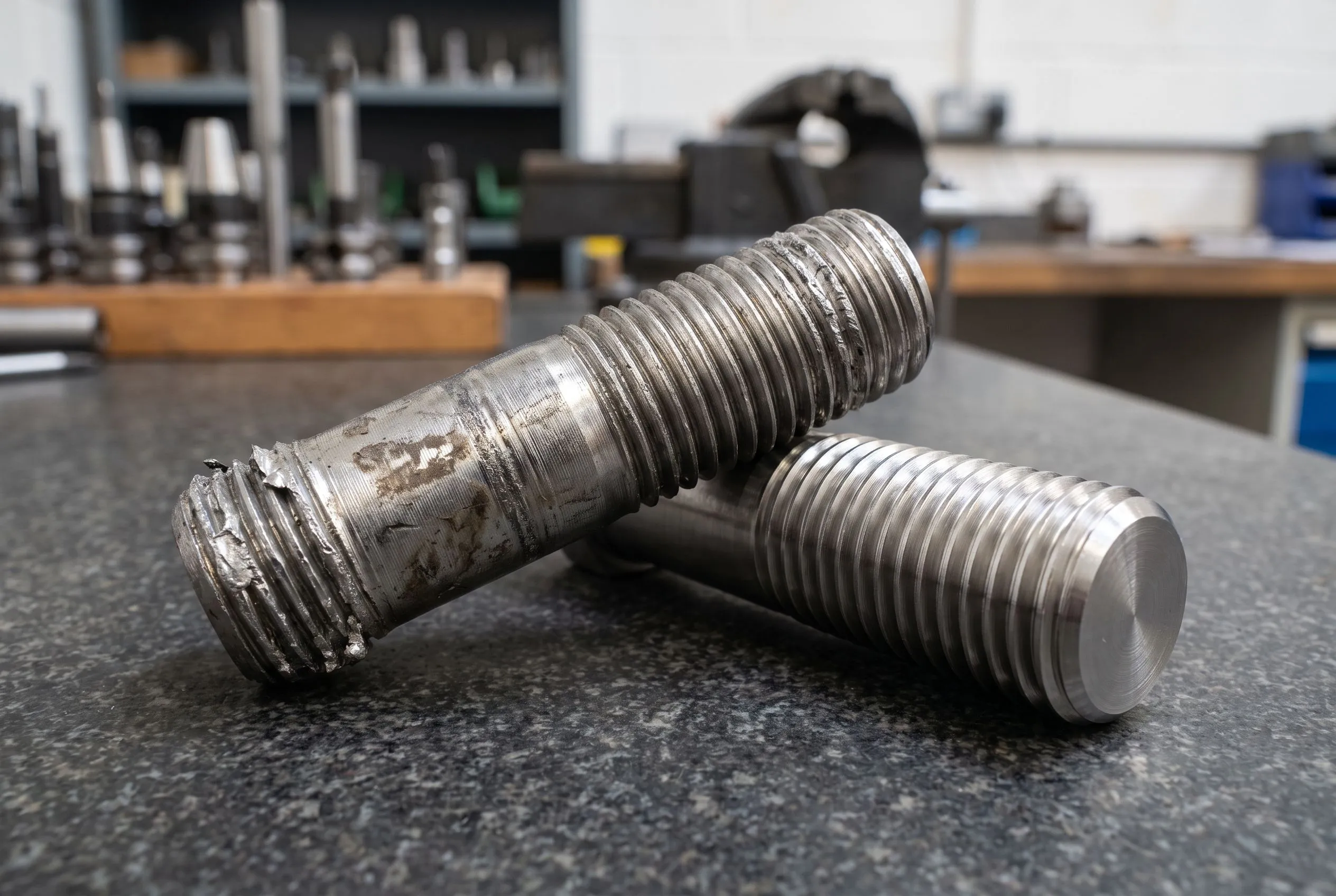 Stainless steel stud with galled, torn threads next to a clean undamaged turned thread on a granite surface plate