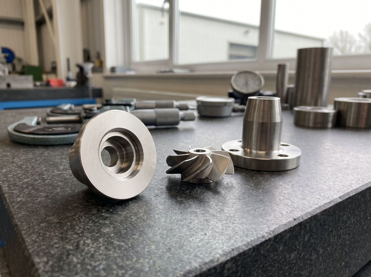 Hastelloy machining examples including a turned valve seat, a small impeller and a flanged nozzle on a granite inspection plate