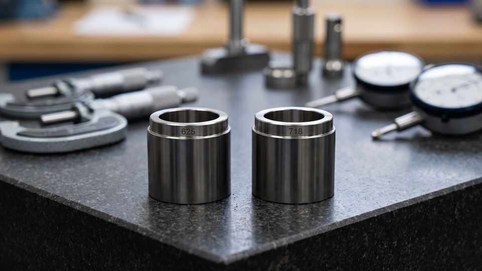 Two CNC machined nickel superalloy components marked 625 and 718 side by side on a granite inspection plate