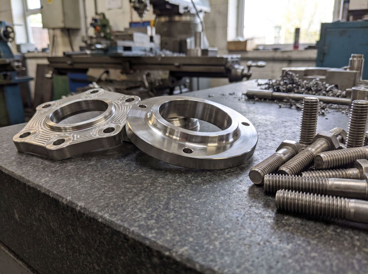 Inconel machining examples including a turned flanged ring, a milled exhaust flange and threaded high-temperature fasteners on a granite inspection plate