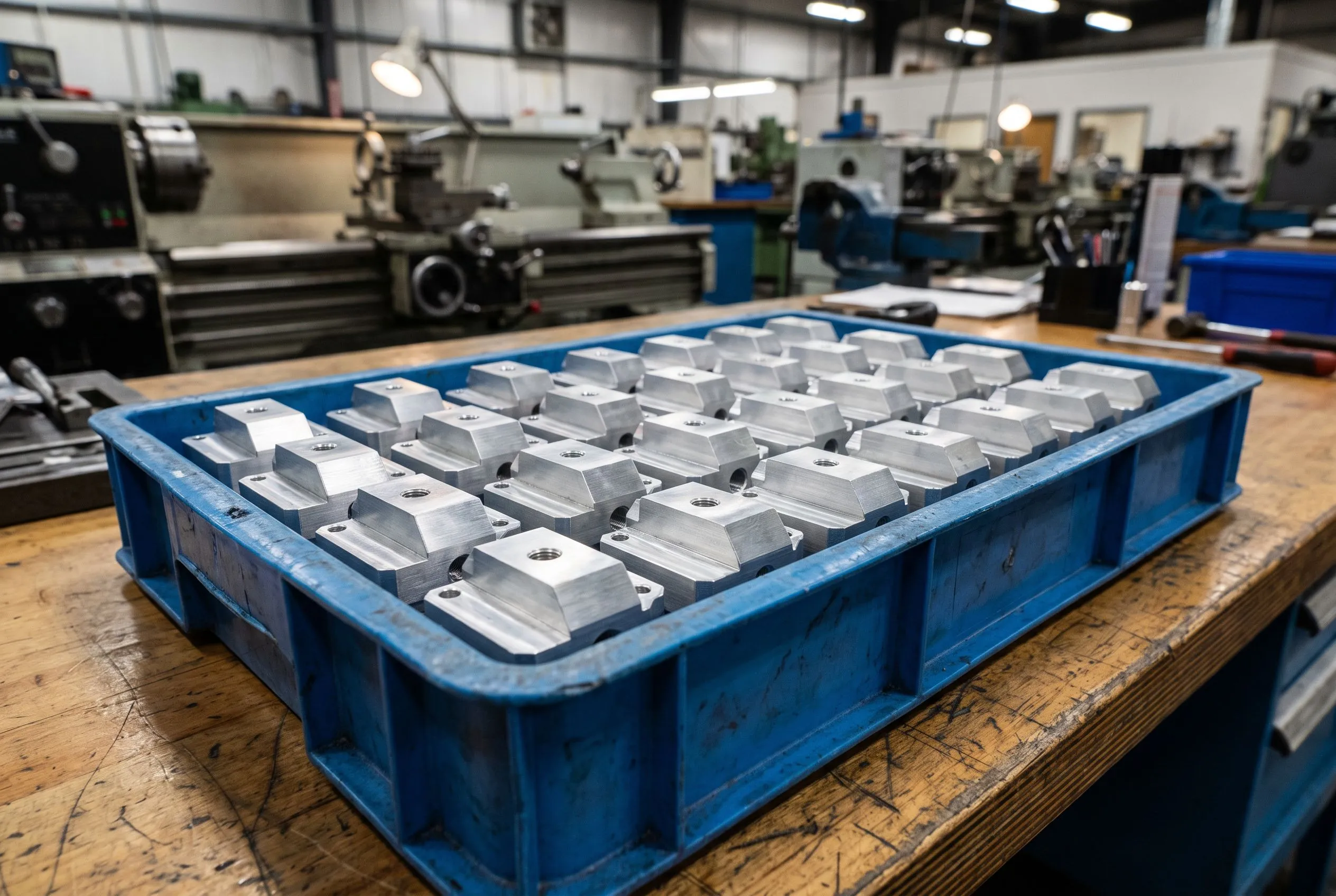 Tray of identical CNC machined aluminium components illustrating batch production economics