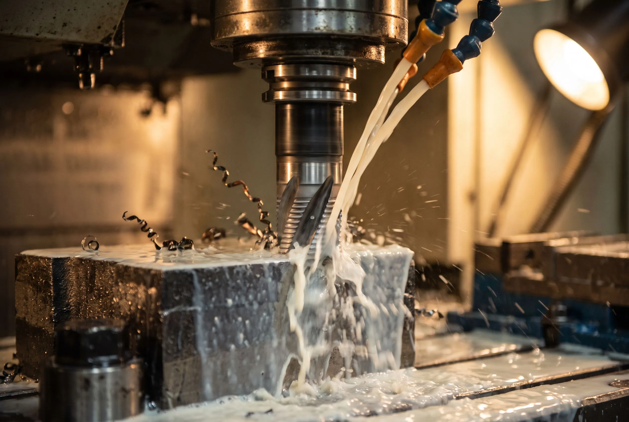 Carbide milling cutter machining a nickel superalloy block under flood coolant