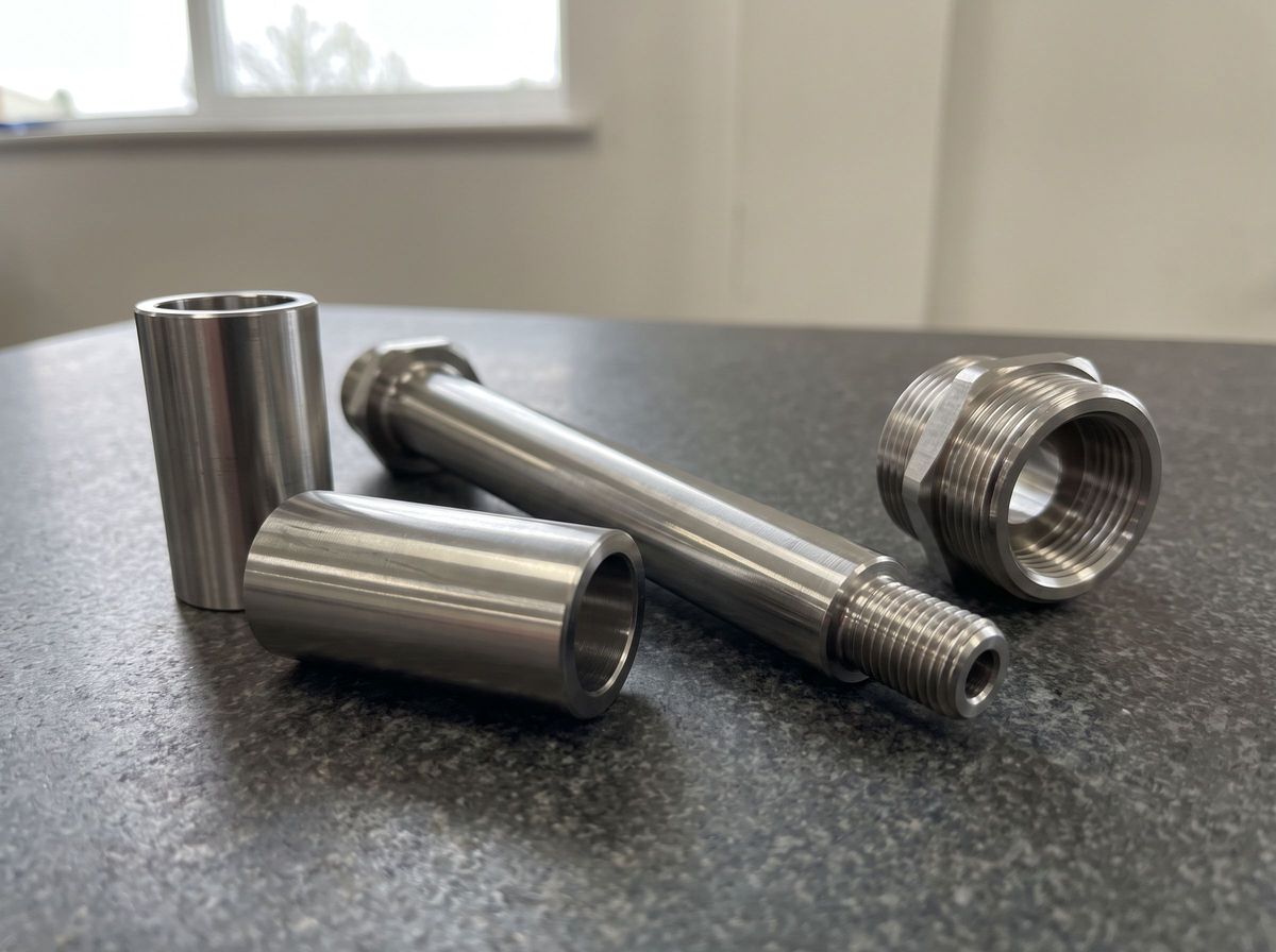 Nitronic 50 machining examples including a turned shaft with a threaded end, two pump sleeves and a threaded coupling on a granite inspection plate