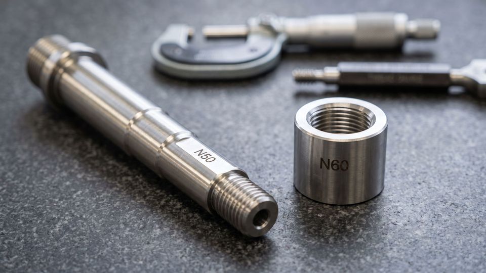 CNC turned stainless steel stem engraved N50 beside a threaded bush engraved N60 on a granite inspection plate