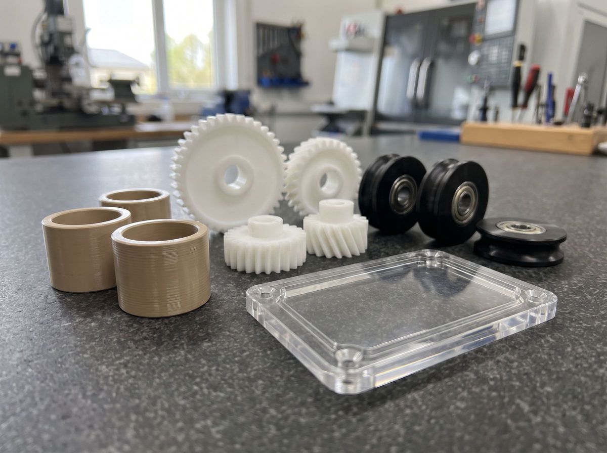 Precision plastic machining examples including PEEK bushes, white acetal gears, black nylon rollers and a clear polycarbonate plate