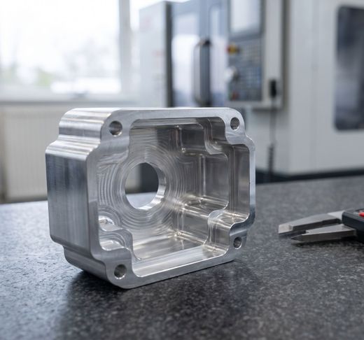 Prototype CNC machining of a pocketed aluminium housing, checked with a digital caliper on a granite inspection plate