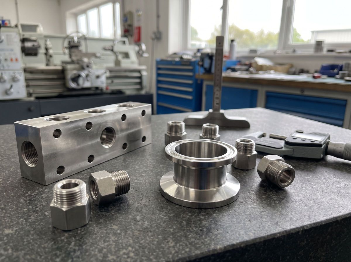 Stainless steel machining examples including a milled manifold block, a hygienic clamp ferrule and threaded connectors on a granite inspection plate