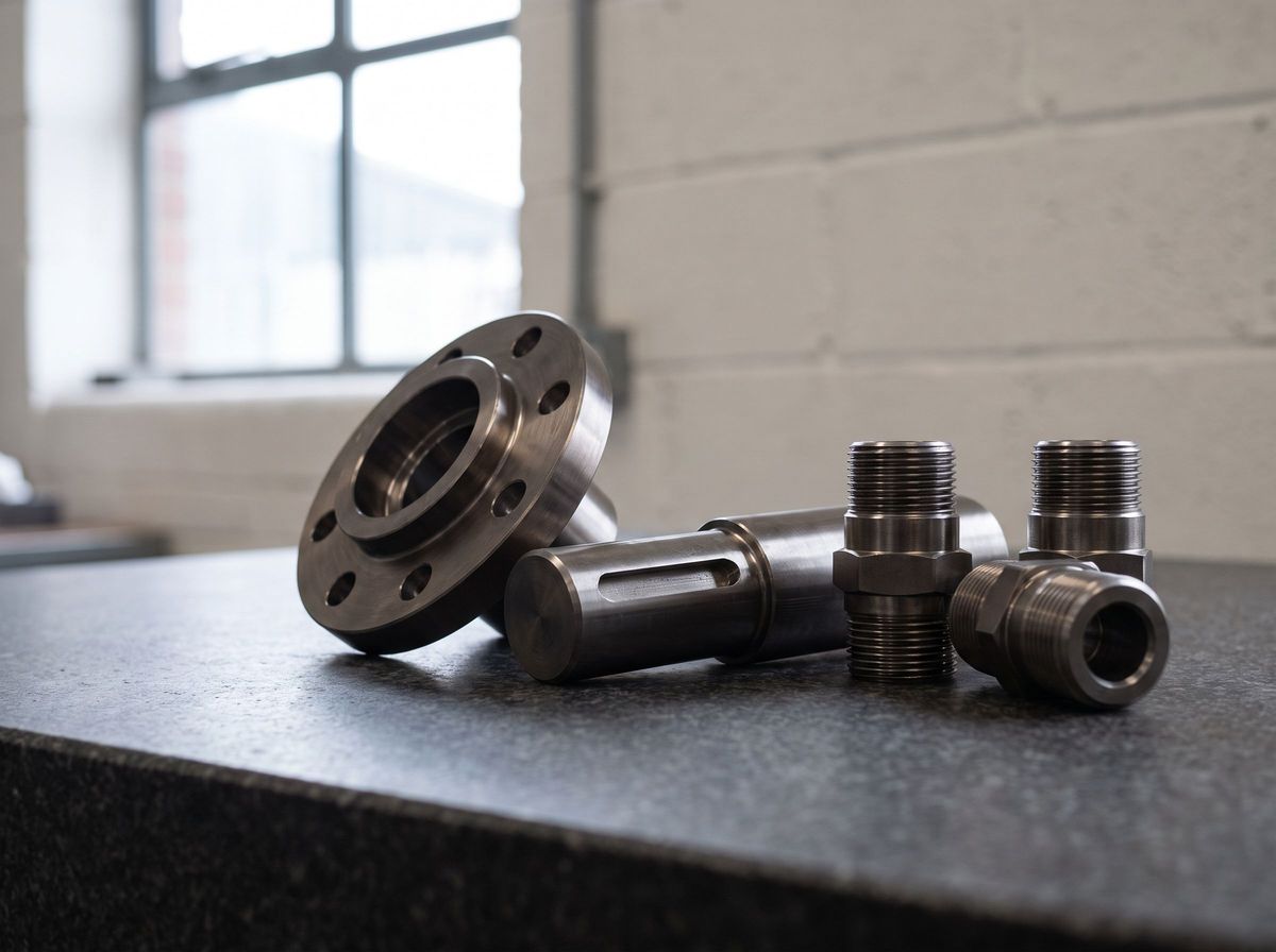 Super duplex machining examples including a turned flange, a keyed shaft section and threaded hydraulic fittings on a granite inspection plate