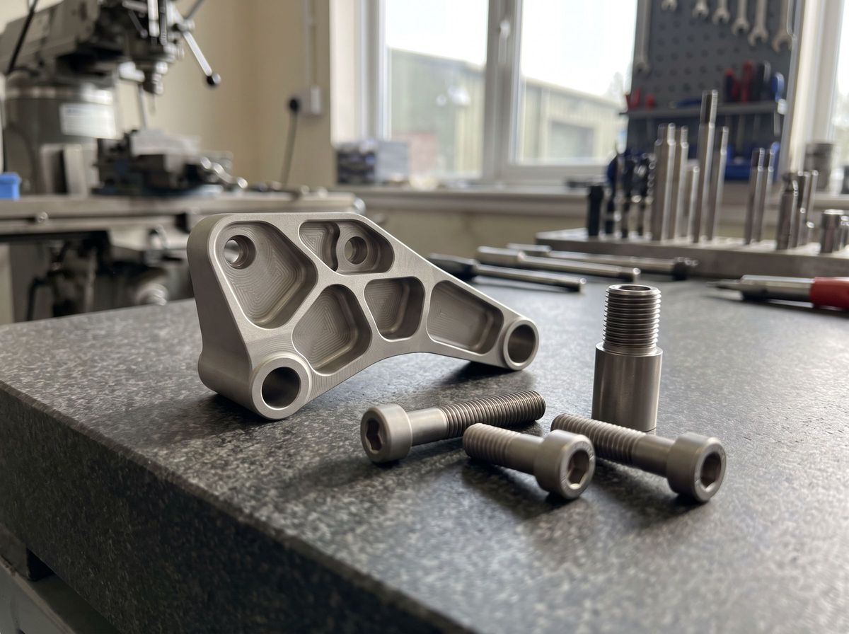 Titanium machining examples including a pocketed lightweight bracket, turned titanium cap screws and a threaded spacer on a granite inspection plate