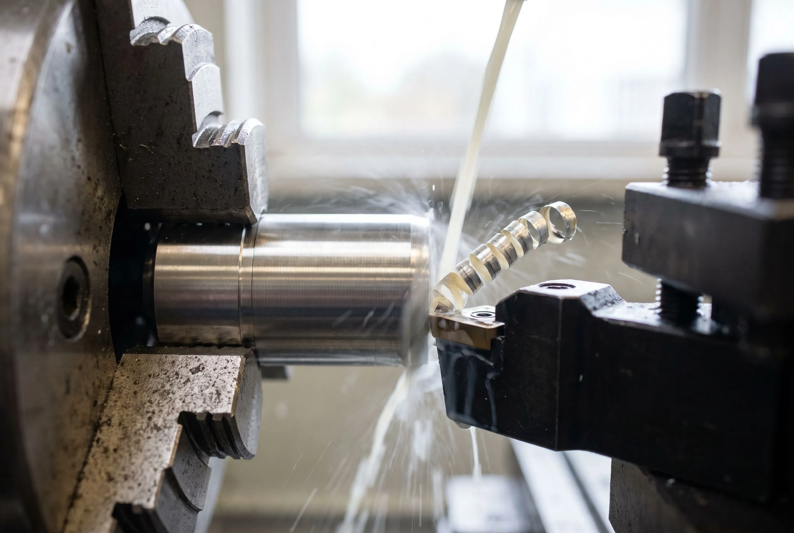 CNC lathe turning a stainless steel bar with a carbide insert under flood coolant