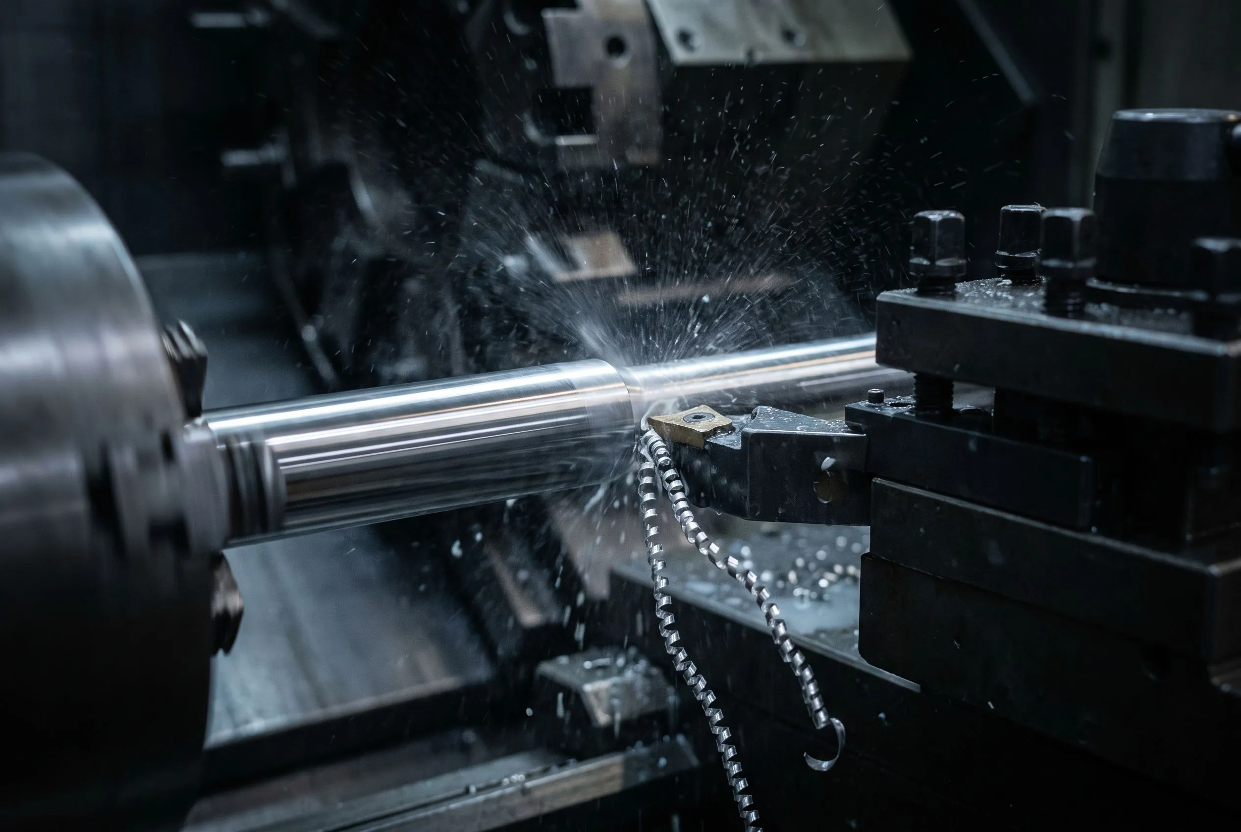 CNC lathe turning a stainless steel bar with stringy swarf curling from the cutting tool